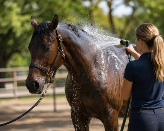 horse being hosed down by owner