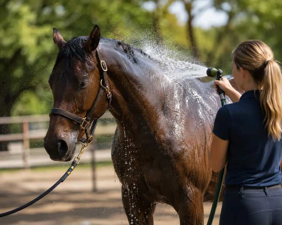 horse being hosed down by owner