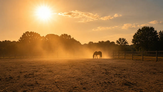 horse in sun lit, dirt paddock