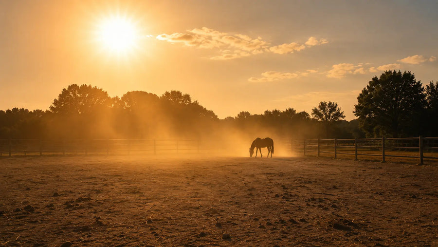 horse in sun lit, dirt paddock