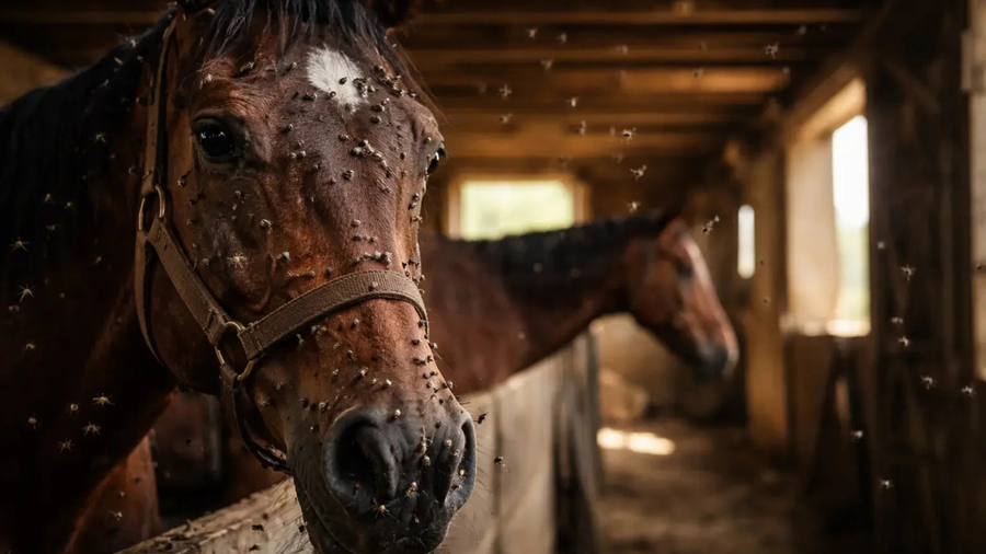 Horse in a stall with flies on its face