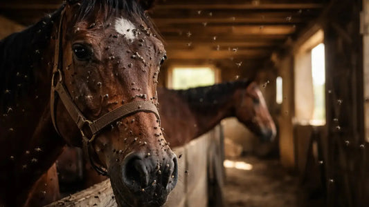 Horse in a stall with flies on its face